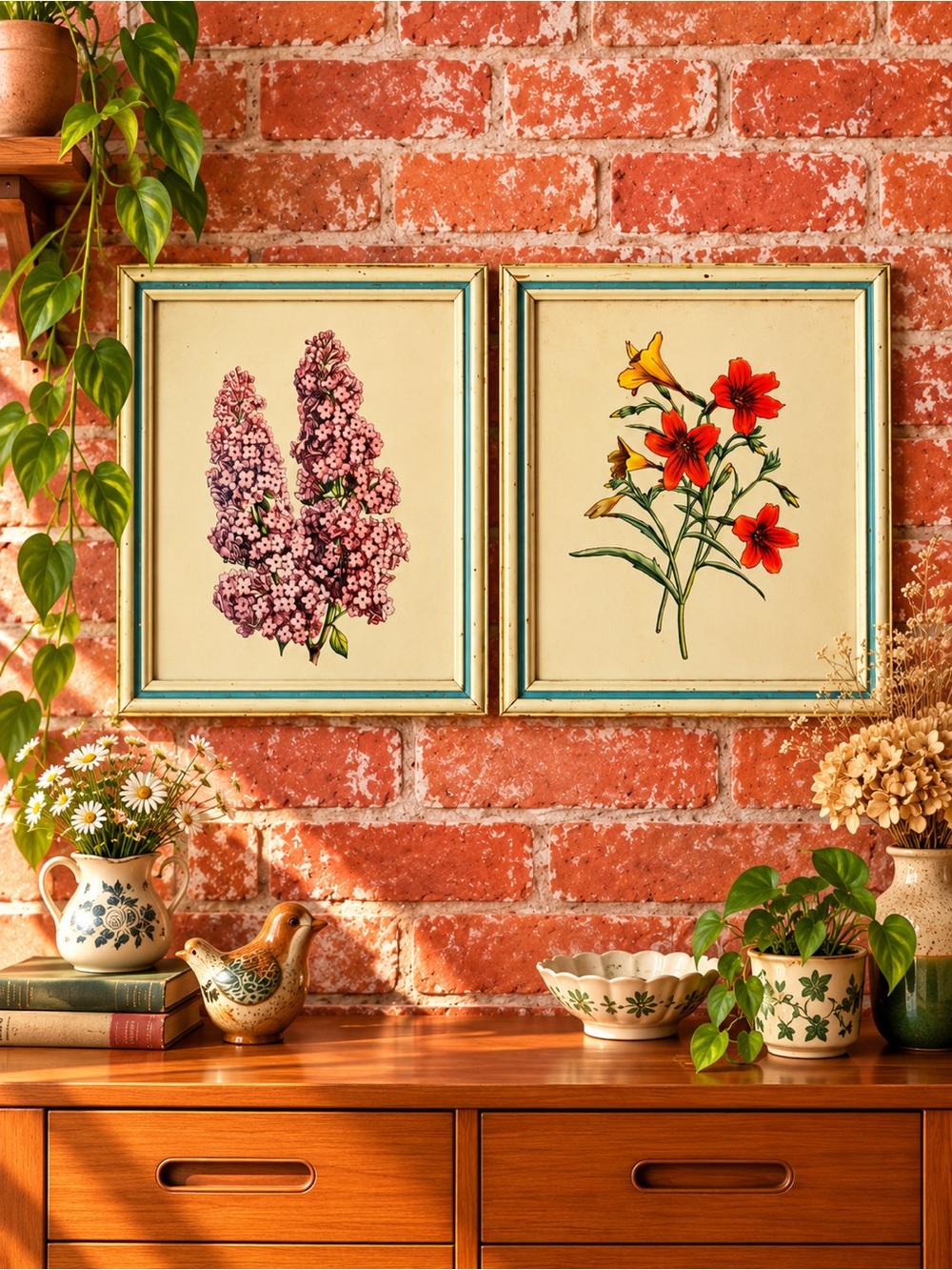 Vintage Set of Two MCM Floral Lithograph Framed Art Prints